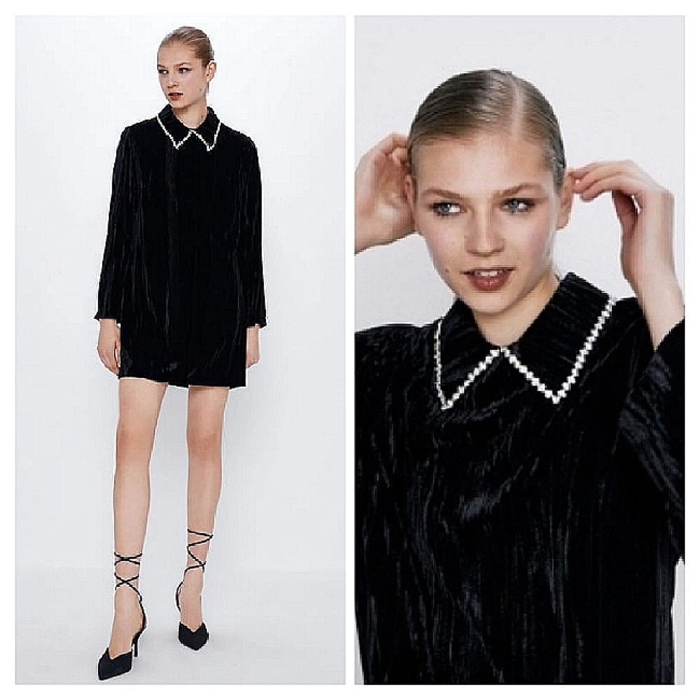 Zara Velvet Jeweled Collar Mini Dress Black Small